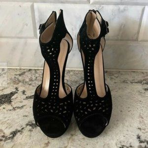Delicacy Black Platform Sexy Peep Toe Ankle Strap T-Strap Stilleto